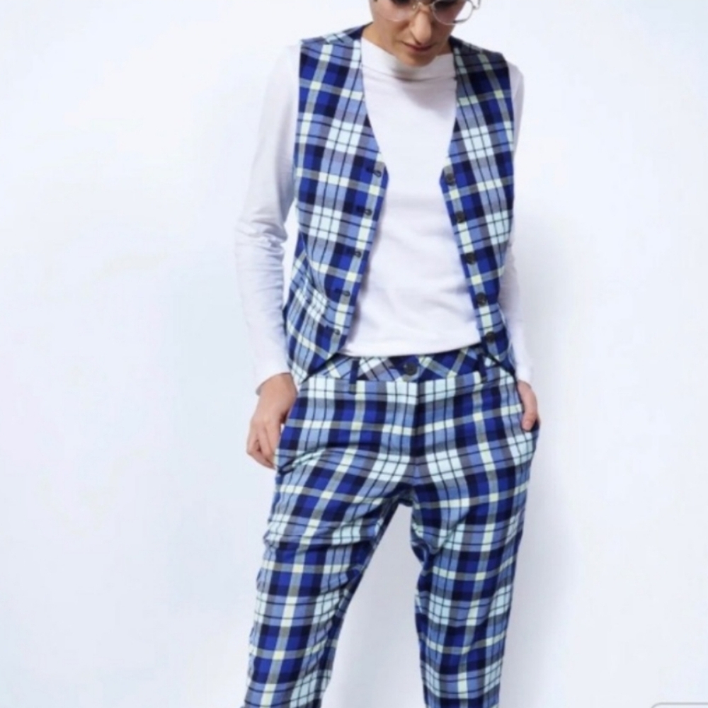 NWT Wildfang Empower Blue White Yellow Tartan Vest Small